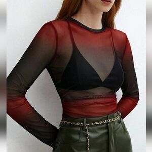 SHEIN Red and Black Ombre Gradient Long Sleeve Top